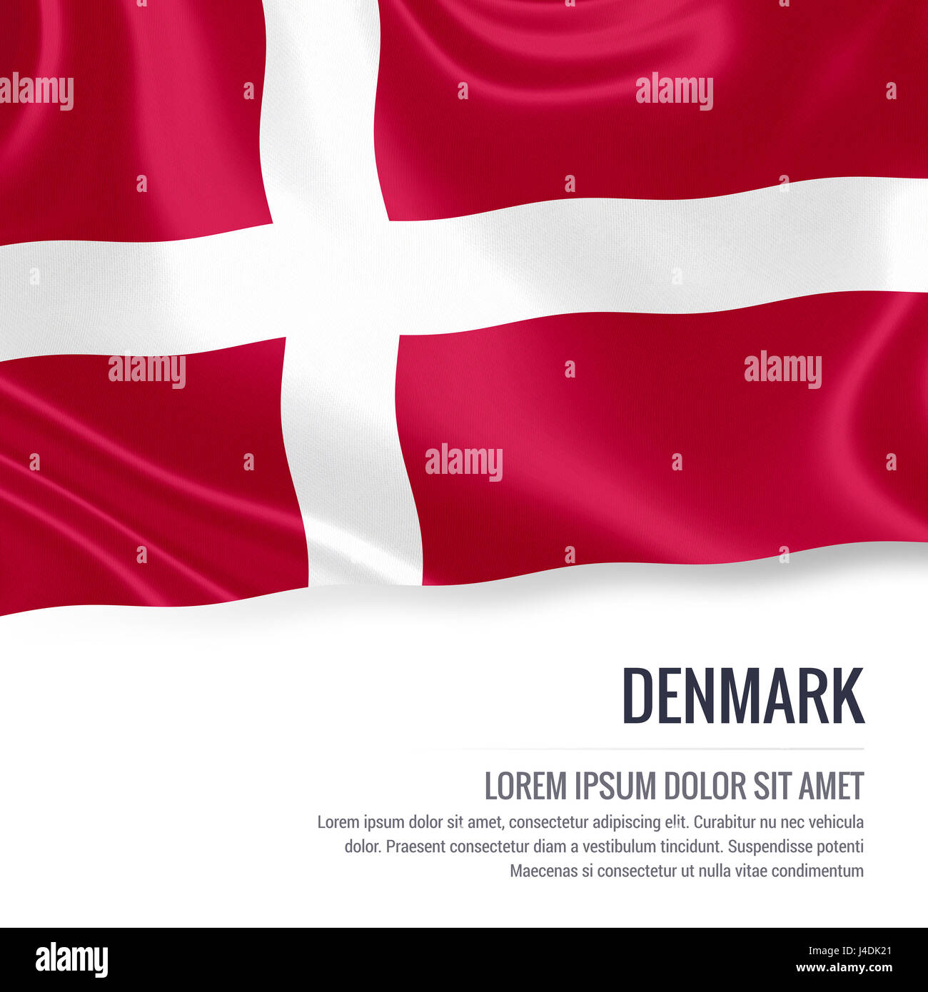 Silky flag of Denmark waving on an isolated white background with the white text area for your advert message. 3D rendering. Stock Photo