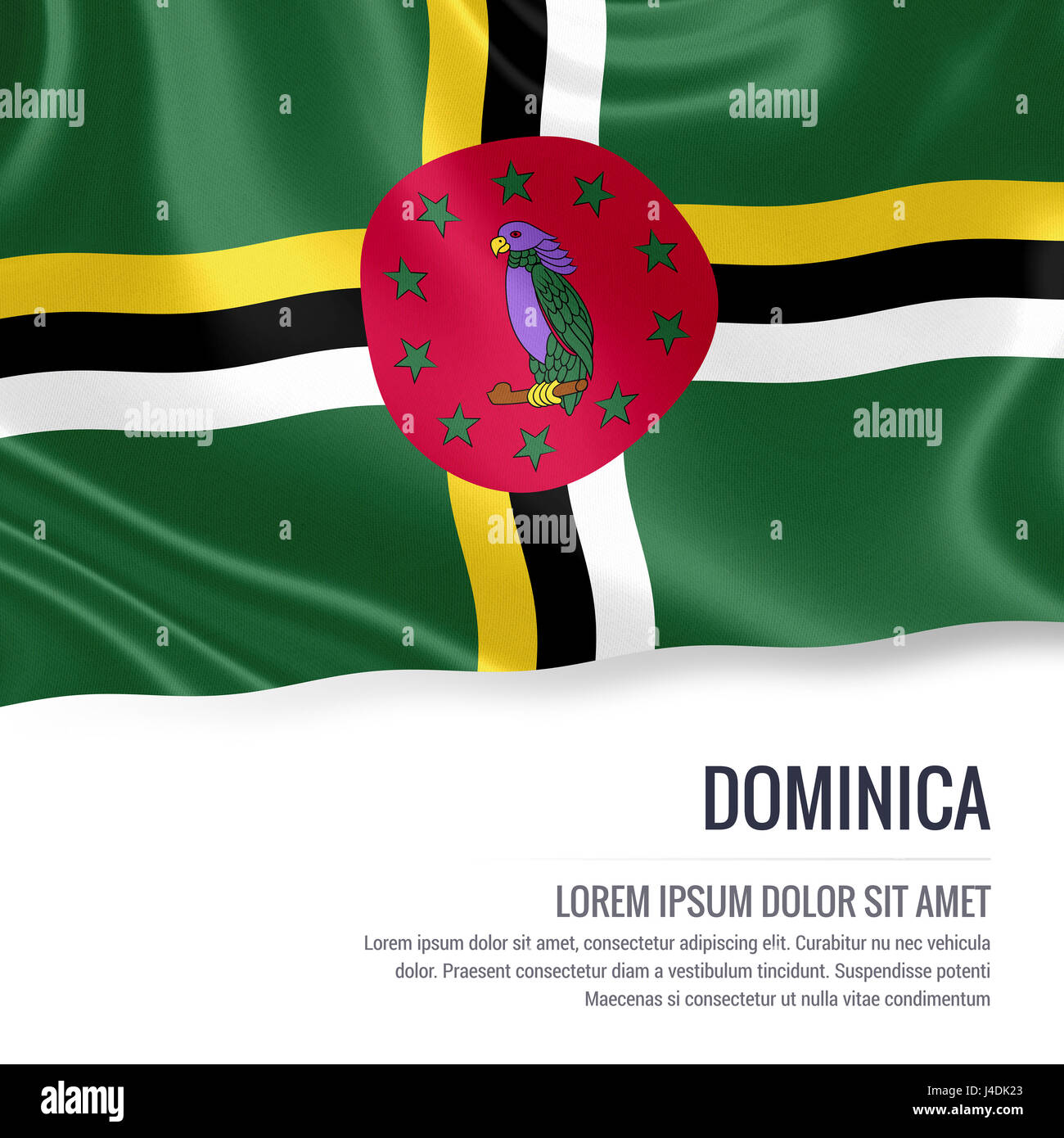 Silky flag of Dominica waving on an isolated white background with the ...
