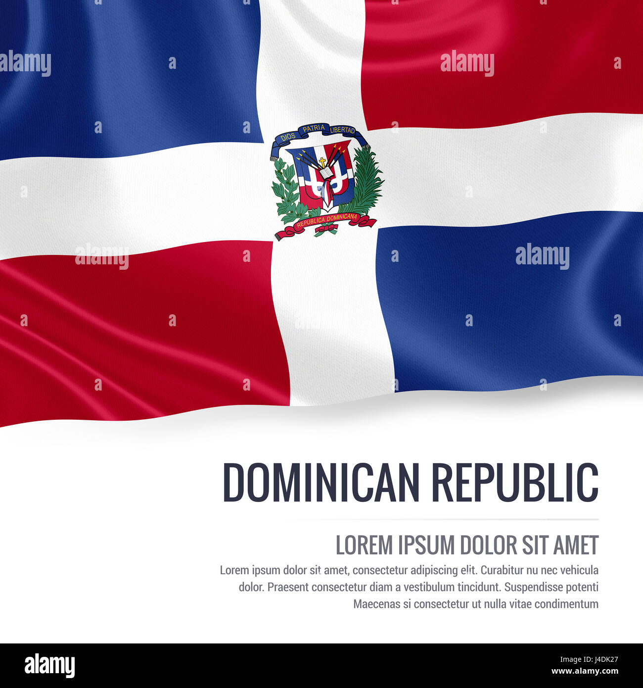 Silky flag of Dominican Republic waving on an isolated white background ...