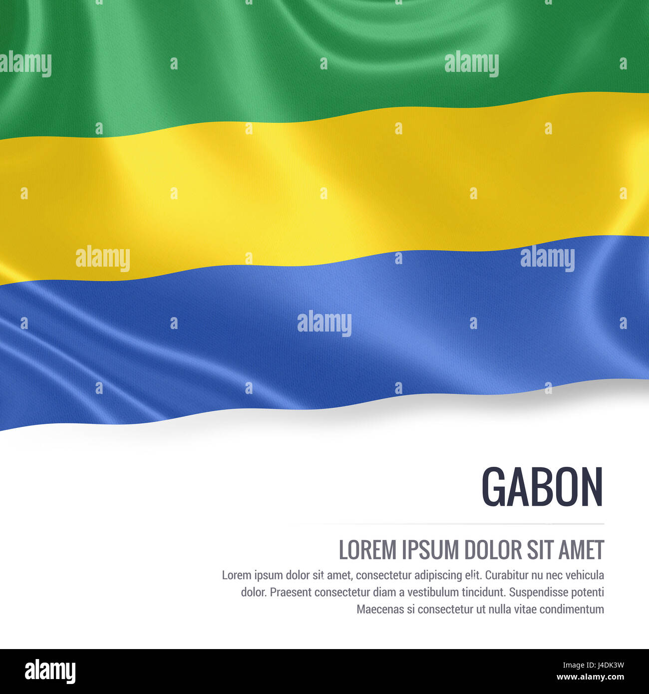 Silky flag of Gabon waving on an isolated white background with the ...