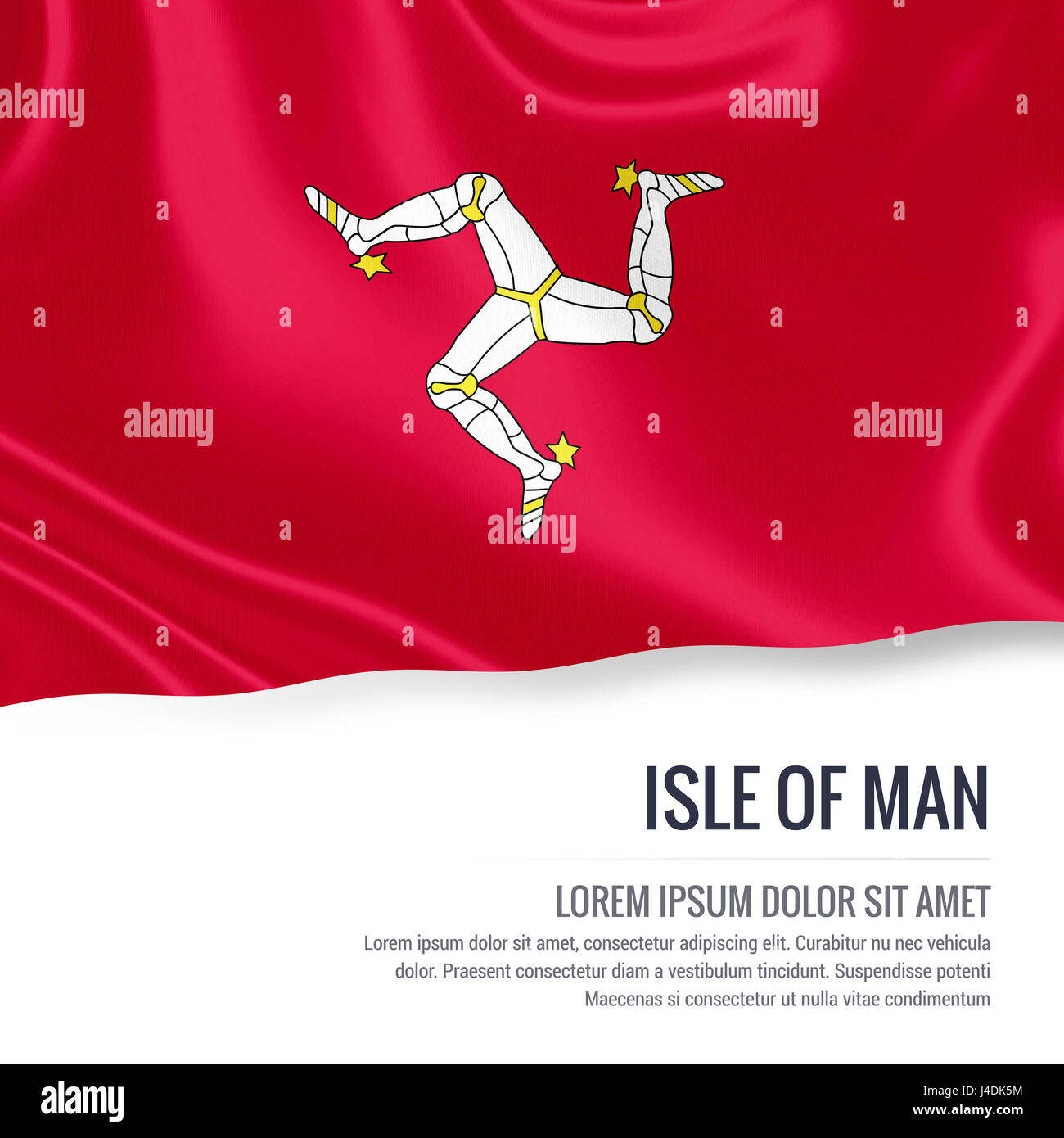 Silky flag of Isle of Man waving on an isolated white background with the white text area for your advert message. 3D rendering. Stock Photo