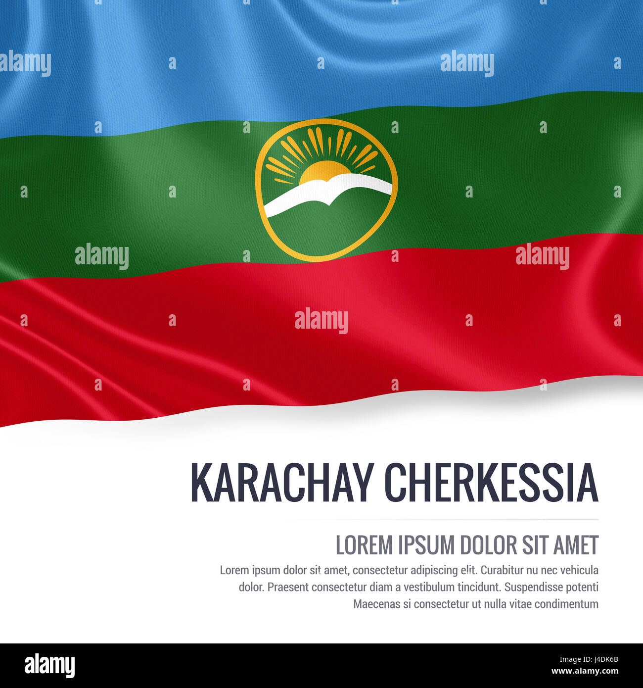 Silky flag of Karachay Cherkessia waving on an isolated white background with the white text area for your advert message. 3D rendering. Stock Photo