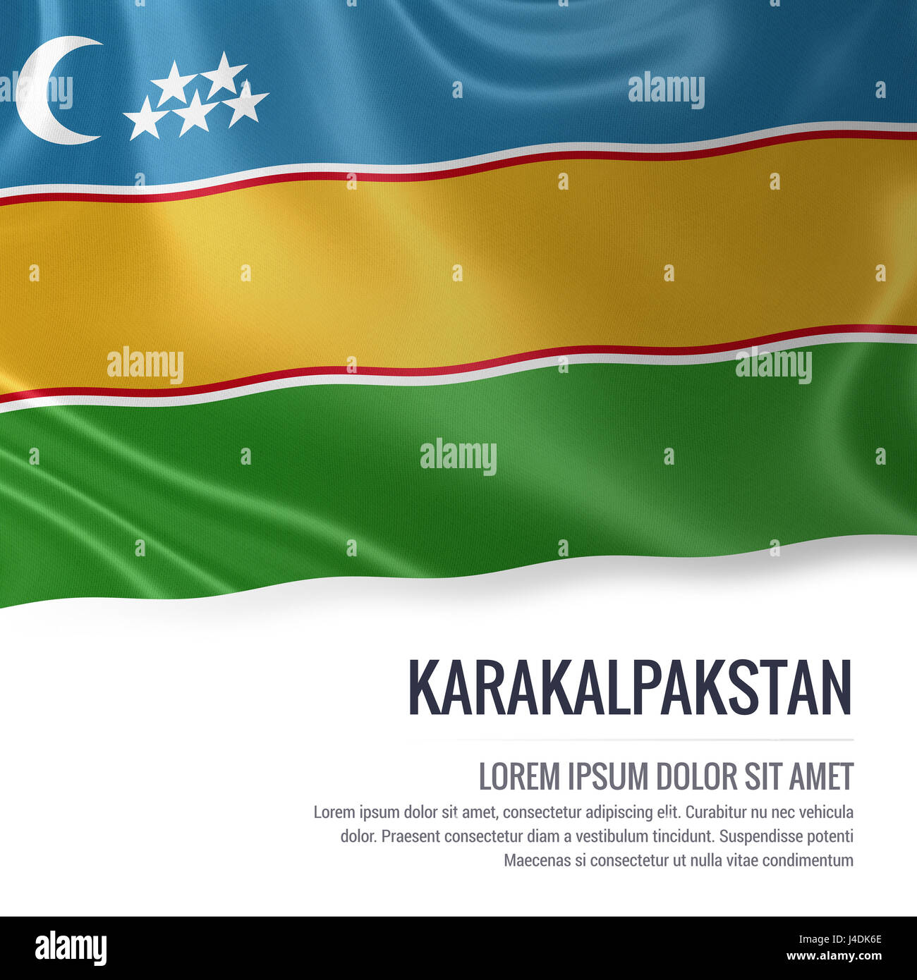 Silky flag of Karakalpakstan waving on an isolated white background with the white text area for your advert message. 3D rendering. Stock Photo