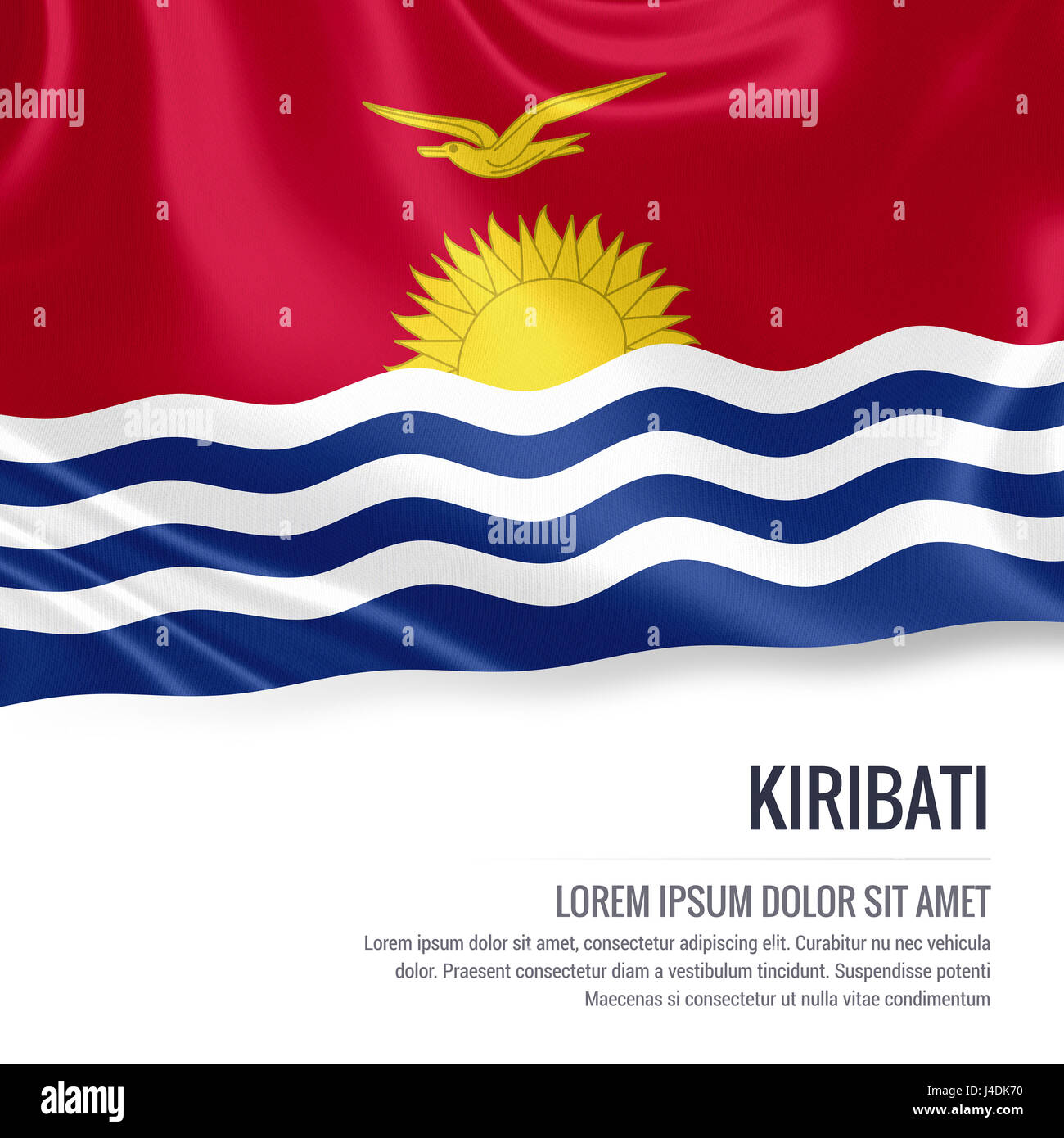 Silky flag of Kiribati waving on an isolated white background with the white text area for your advert message. 3D rendering. Stock Photo