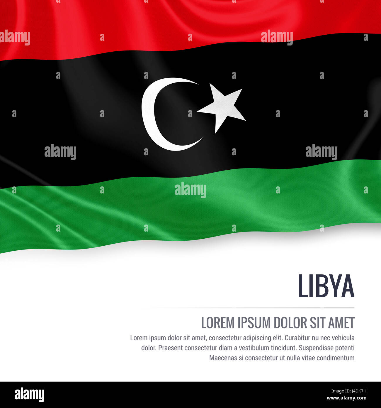 Silky flag of Libya waving on an isolated white background with the ...