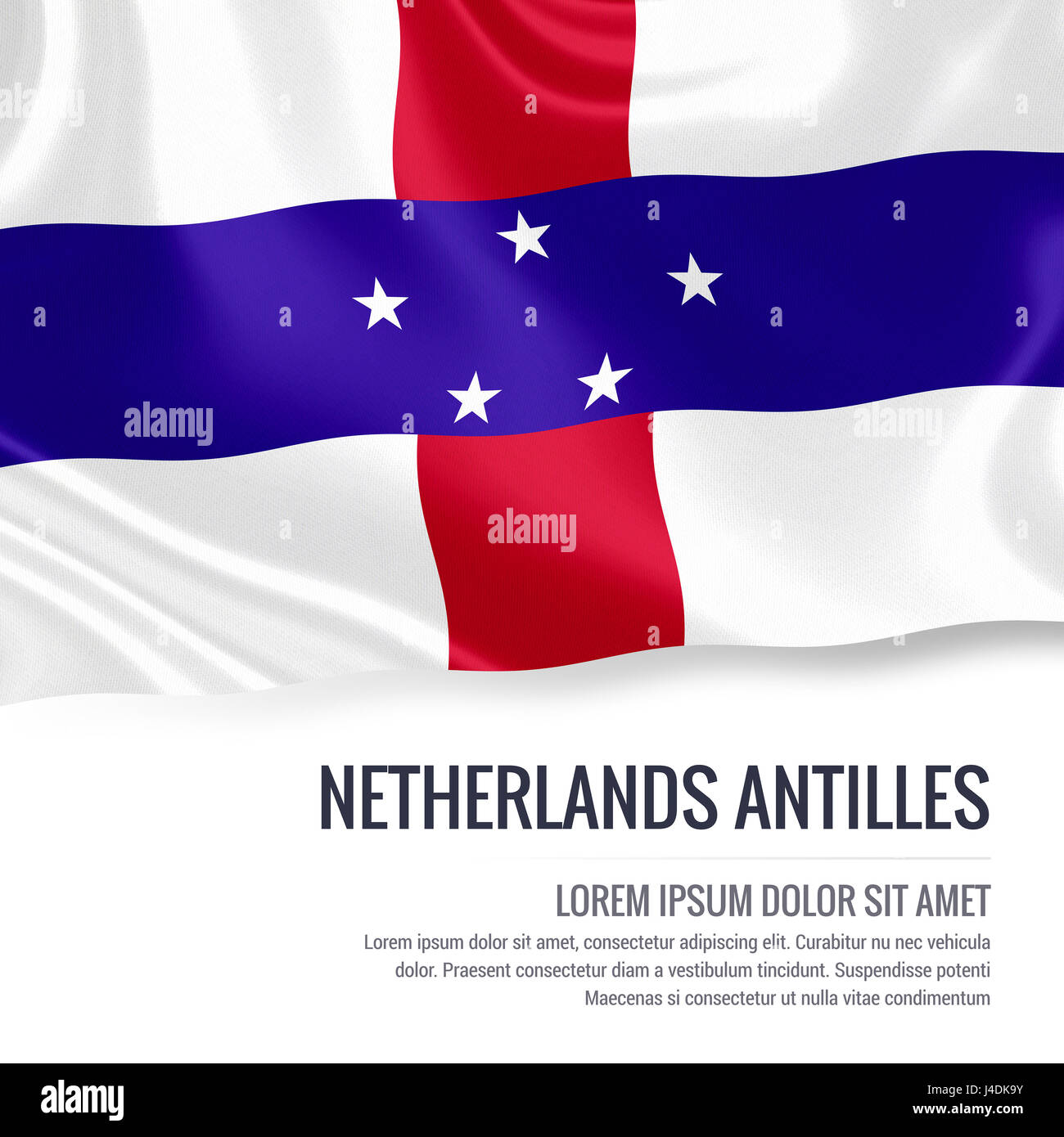 Silky flag of Netherlands Antilles waving on an isolated white background with the white text area for your advert message. 3D rendering. Stock Photo
