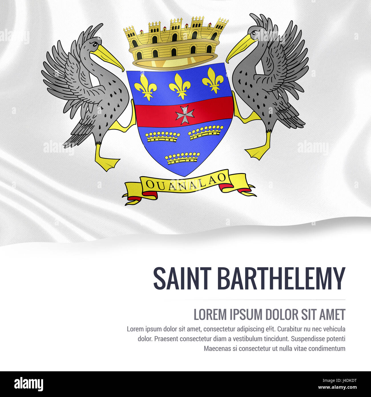 Silky flag of Saint Barthelemy waving on an isolated white background ...