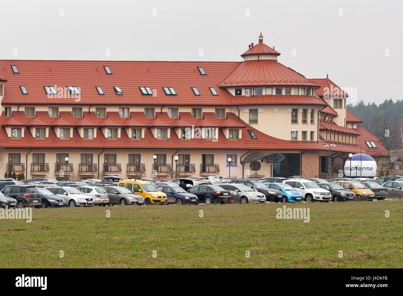 Cars parked in front of luxury Hotel Ossa Congress and Spa during international congress. Stock Photo