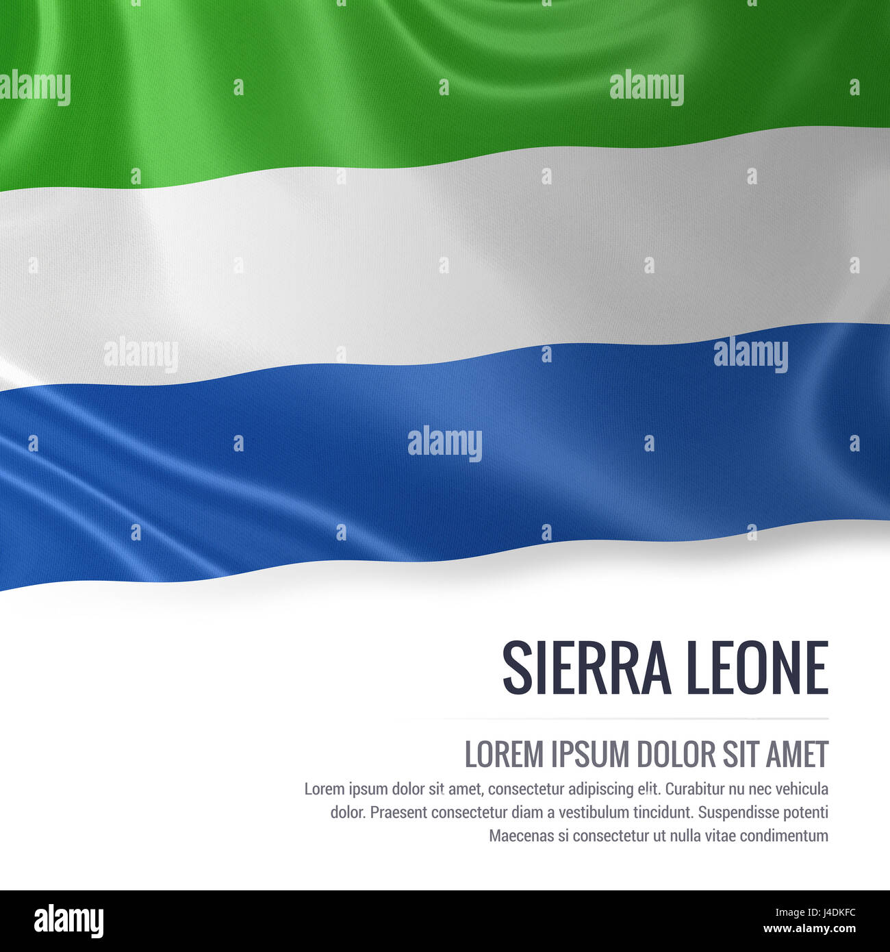 Silky flag of Sierra Leone waving on an isolated white background with ...