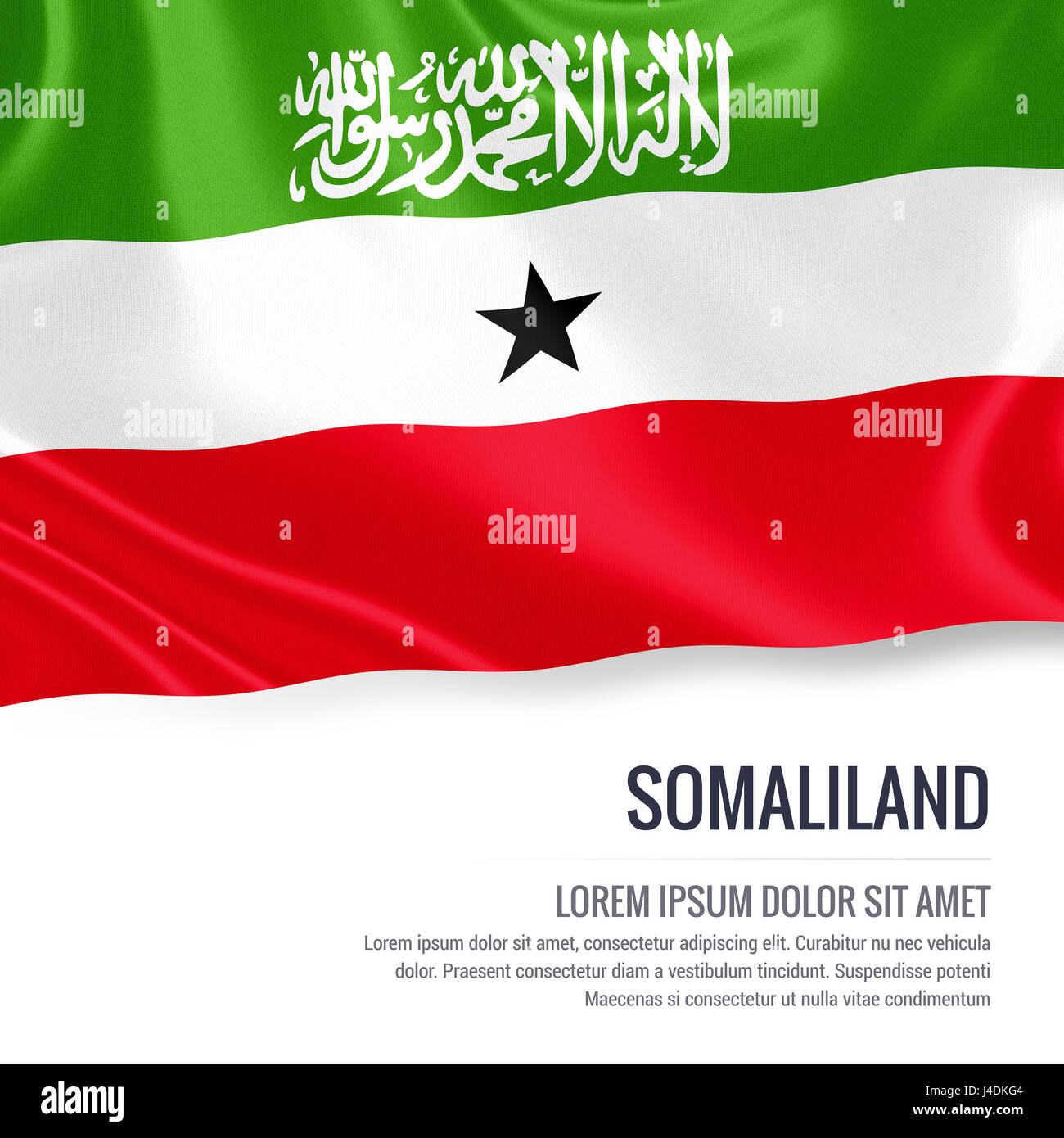 Silky flag of Somaliland waving on an isolated white background with the white text area for your advert message. 3D rendering. Stock Photo