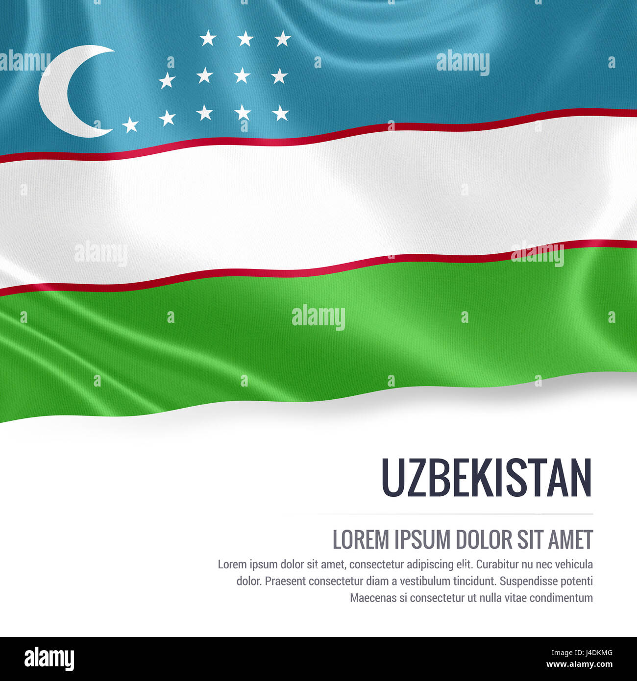 Silky flag of Uzbekistan waving on an isolated white background with the white text area for your advert message. 3D rendering. Stock Photo