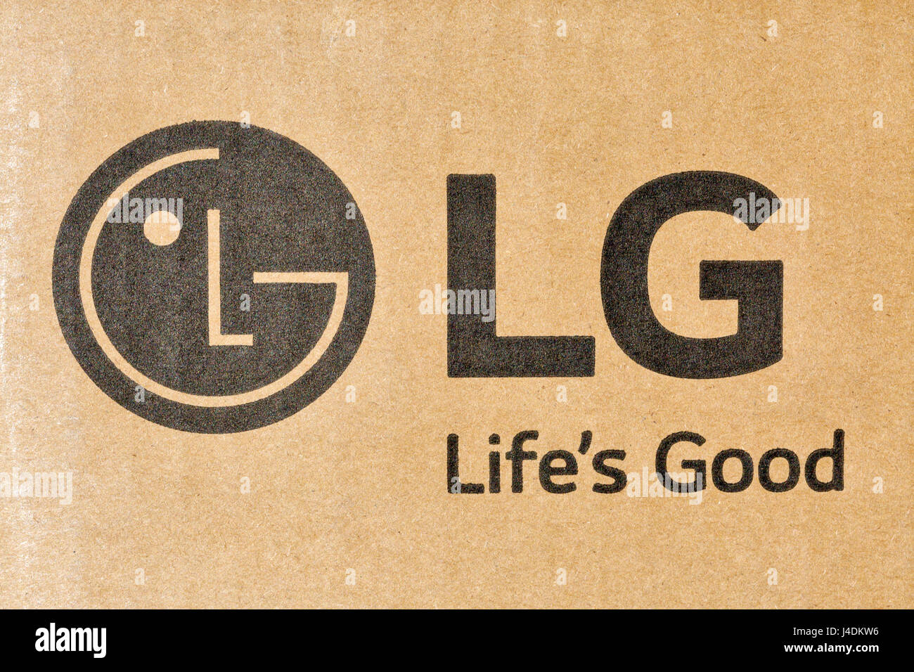 KIEV, UKRAINE - APRIL 27, 2017: LG company logo on display carton box closeup. LG is a South Korean multinational conglomerate corporation. Stock Photo