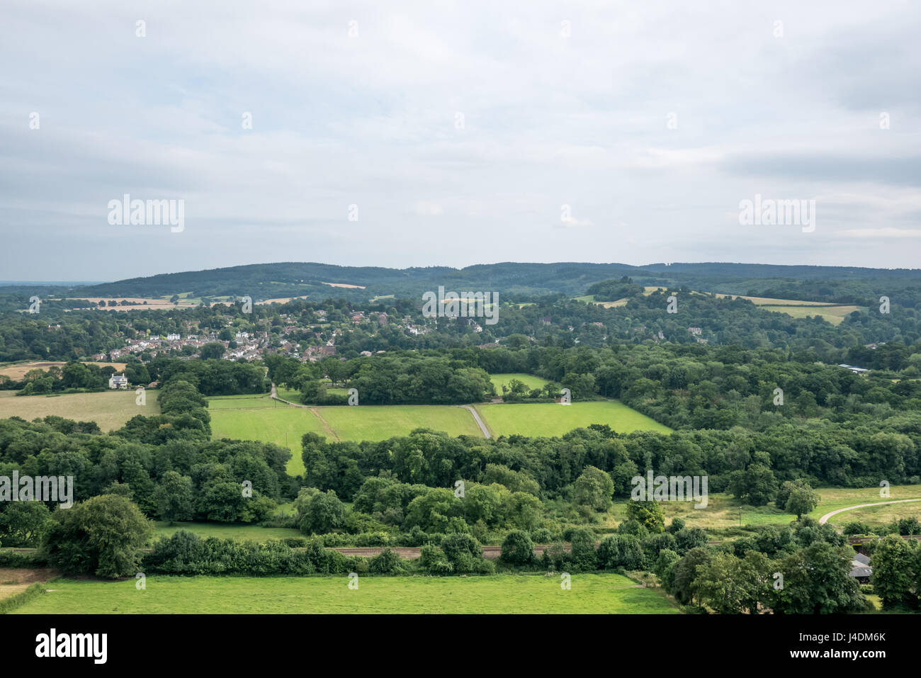 Surrey Hills view across the village of Westcott from the Denbies Hillside, with Leith Hill (the