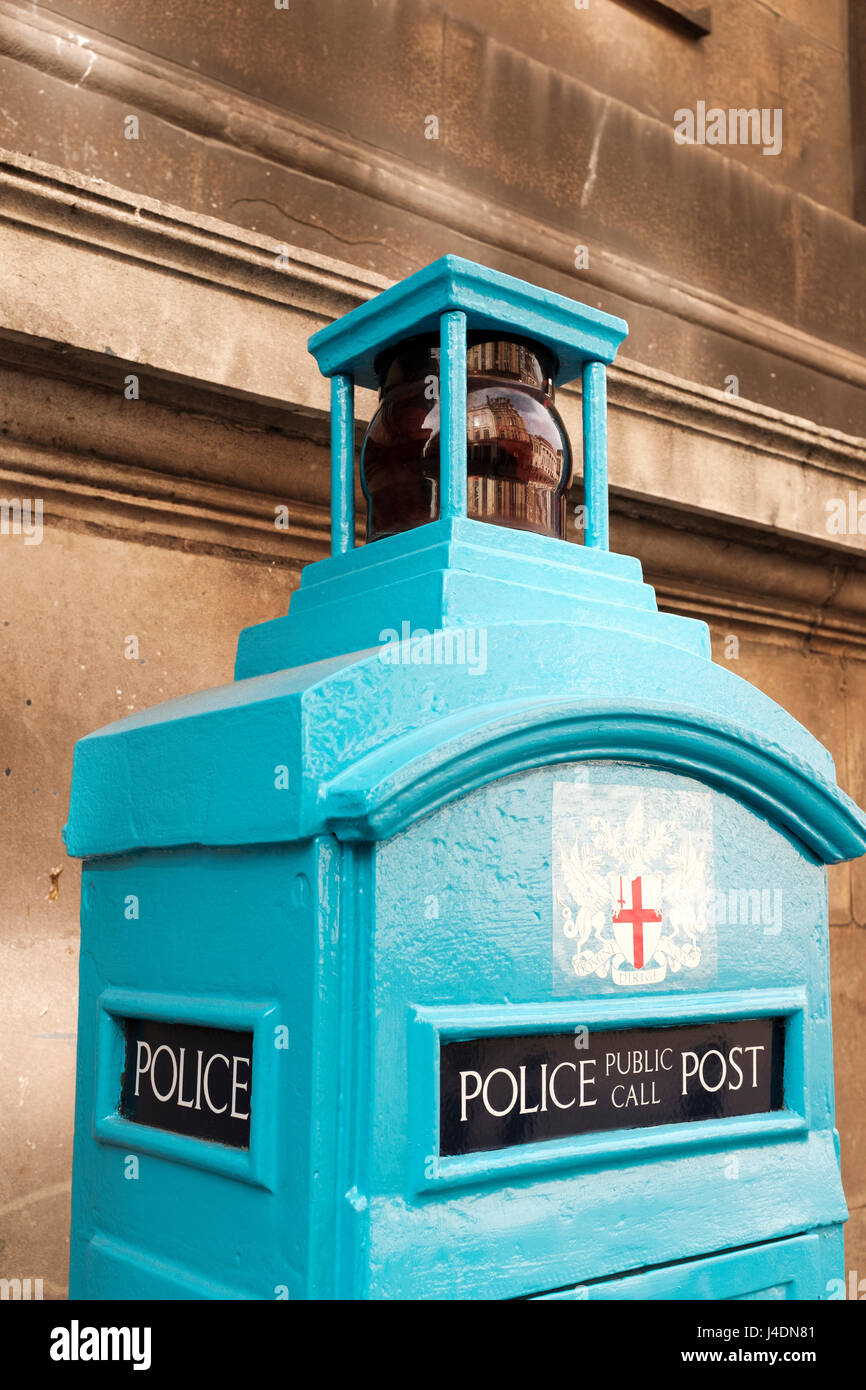 City of London Police Public Call Post painted in pale blue colour. A police box, used in the United Kingdom throughout the 20th century, is a public  Stock Photo