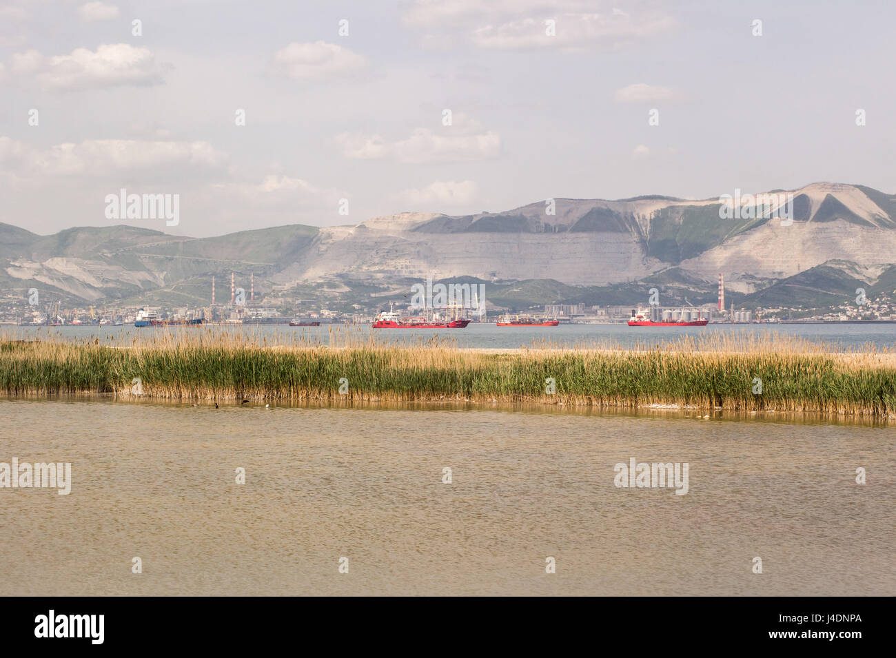 Red and blue cargo ships in the bay of Novorossiysk Stock Photo