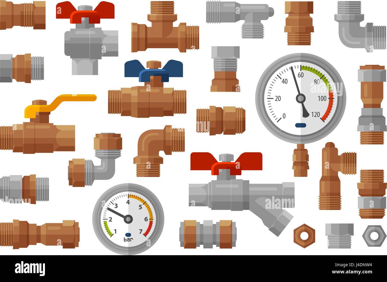 Sanitary engineering, plumbing equipment set icons. Manometer pressure, meter, industry, fittings, water supply concept. Vector illustration Stock Vector