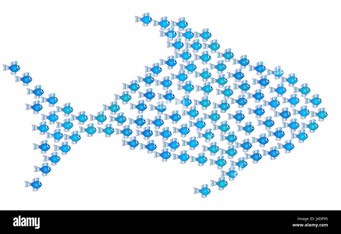 Little fishes get together forming a big fish to be strong, safe and powerful - illustration on white background. Stock Photo