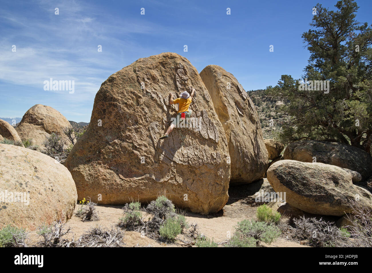 a man rock climbing on a boulder near Bishop California Stock Photo