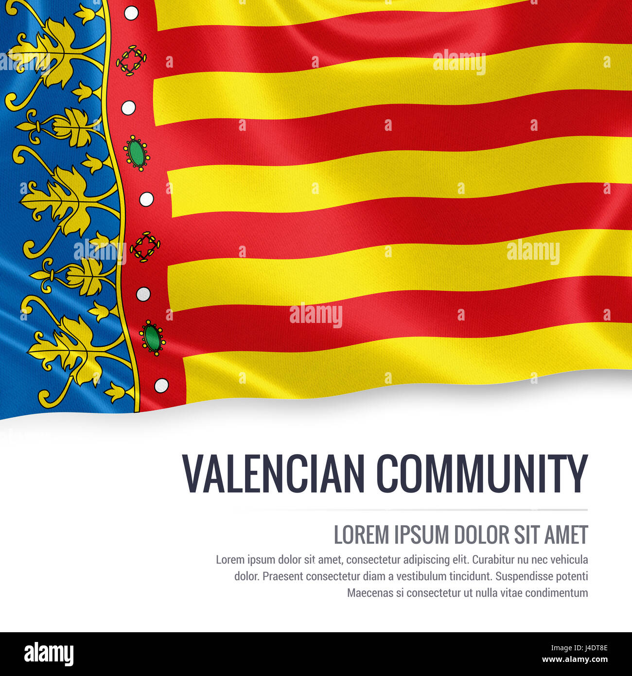 Spanish state Valencian Community flag waving on an isolated white background. State name and the text area for your message. 3D rendering. Stock Photo