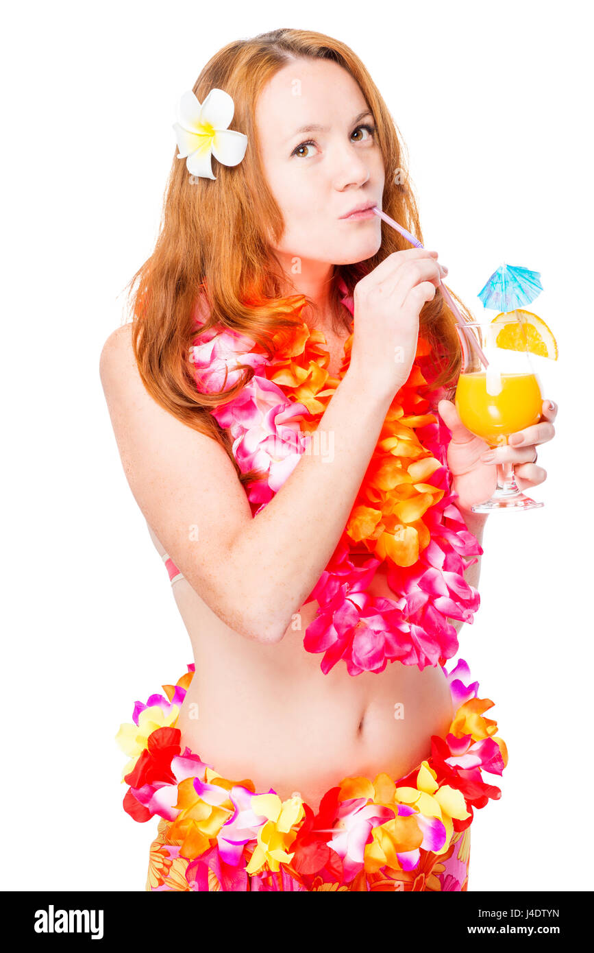 beautiful woman on a white background wearing a Hawaiian clothing and jewelry Stock Photo