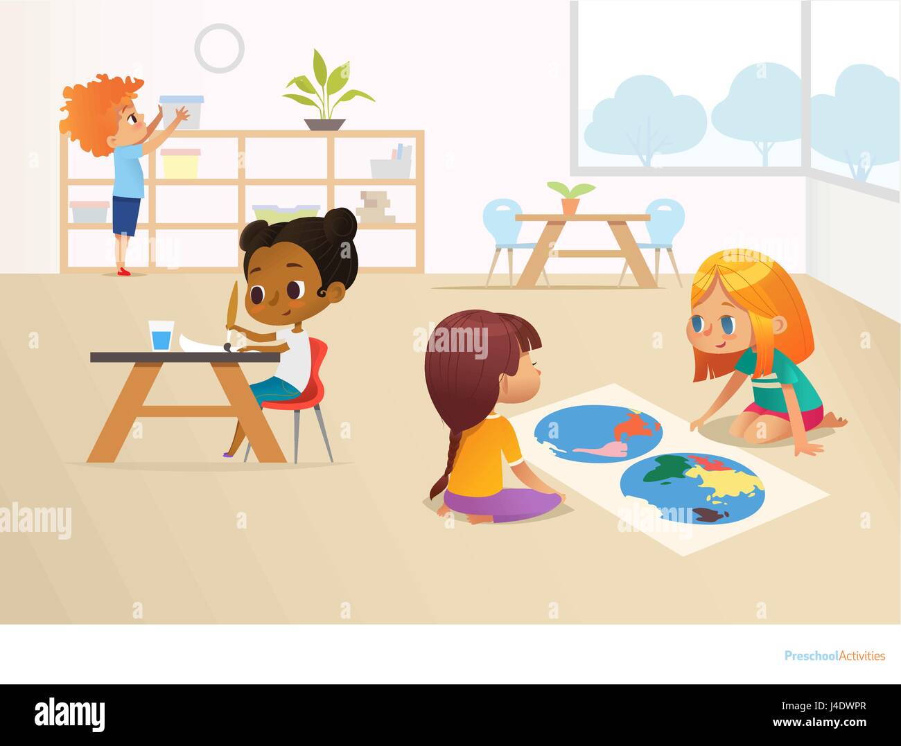 multiracial children in montessori classroom girls viewing world map and painting picture and boy taking container off shelf