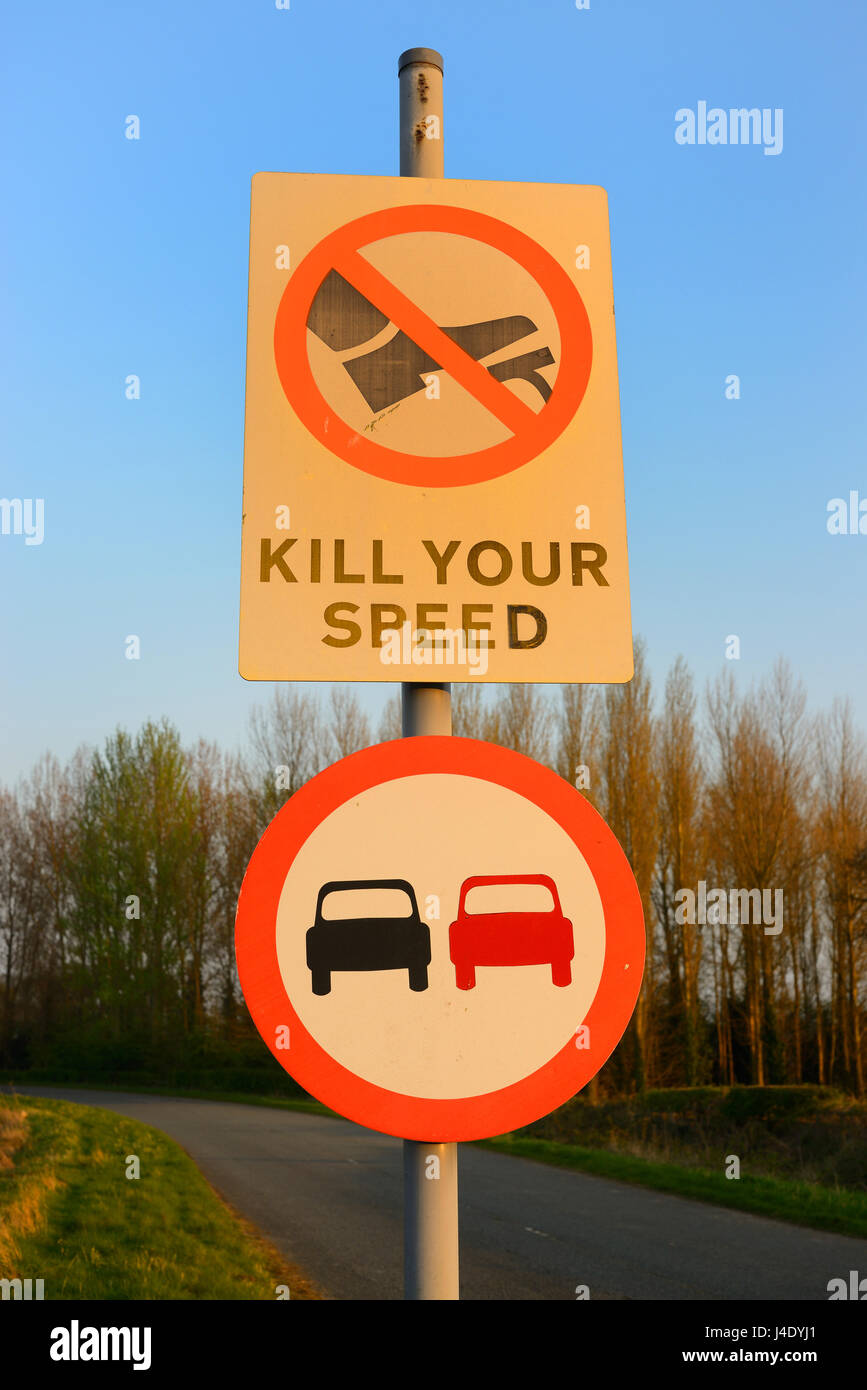 road safety kill your speed no overtaking warning sign on country road york yorkshire united