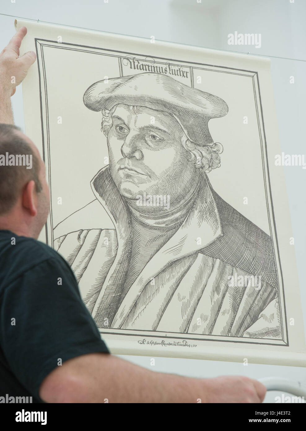 A portrait of Martin Luther can be seen at the Pommeranian state museum in Greifswald, Germany, 10 May 2017. The special exhibition "Luthers Norden" (lit. "Luther's north") is a joint project of museums in Mecklenburg-Western Pomerania and Schleswig-Holstein to commemorate the reformation in Northern Germany 500 years ago. The exhibition shows 92 exhibits, amongst them 8 portraits of the Cranach workshop, as well as the unfinished painting "Petrus auf dem Meer" from the Hamburg Art Hall. The exhibition can be seen from the 14 May to the 3 September 2017. It wil move to Palace Gottorf in autumn Stock Photo