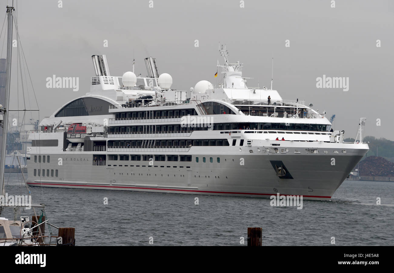 Kiel, Germany. 12th May, 2017. The cruise ship 'Le Soleal' can be seen at the port in Kiel, Germany, 12 May 2017. The passanger ship arrived directly from the shipyard in Finland on Thursday. Photo: Carsten Rehder/dpa/Alamy Live News Stock Photo
