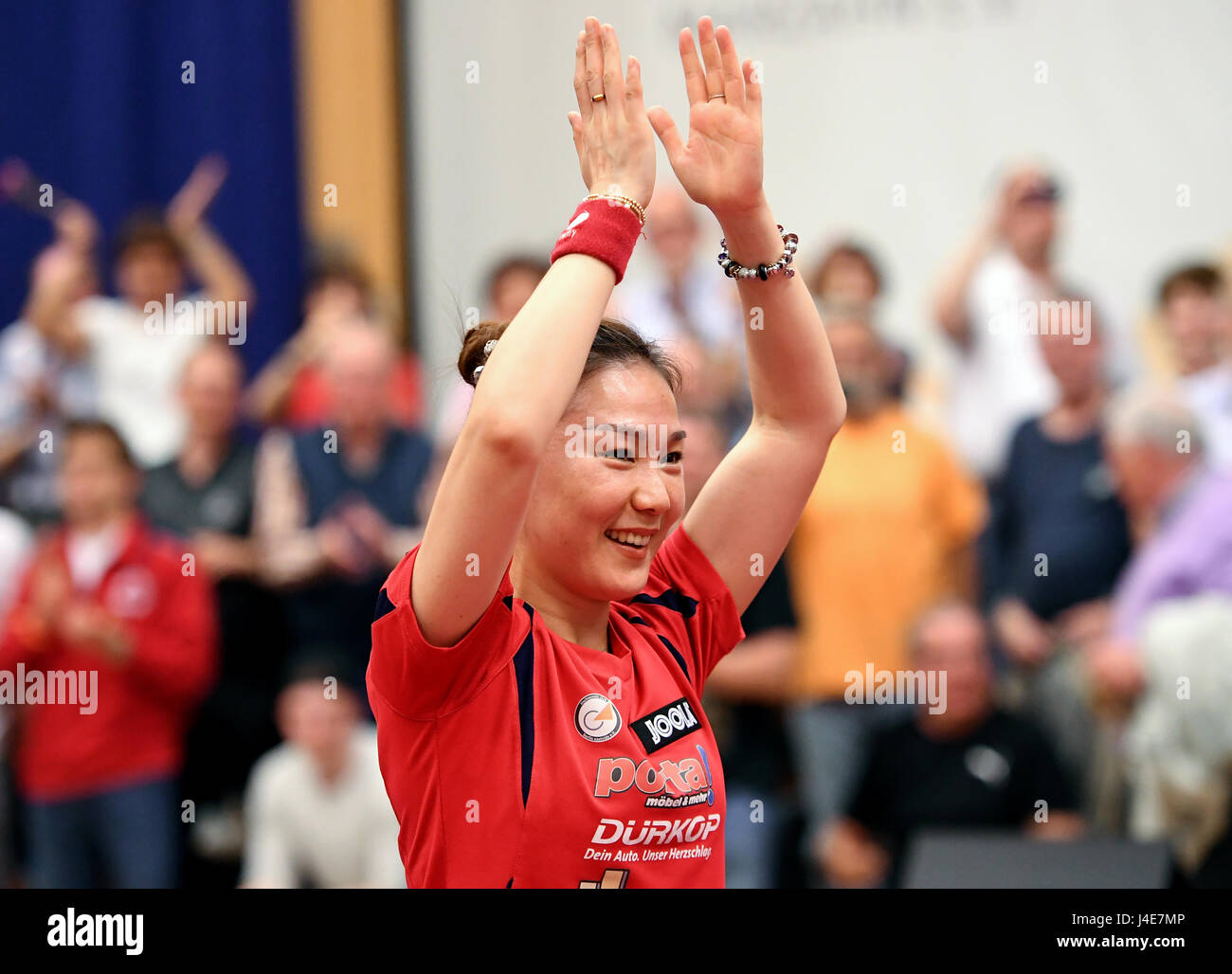 Berlin, Germany. 12th May, 2017. Xiaona Shan of TTC Berlin celebrates