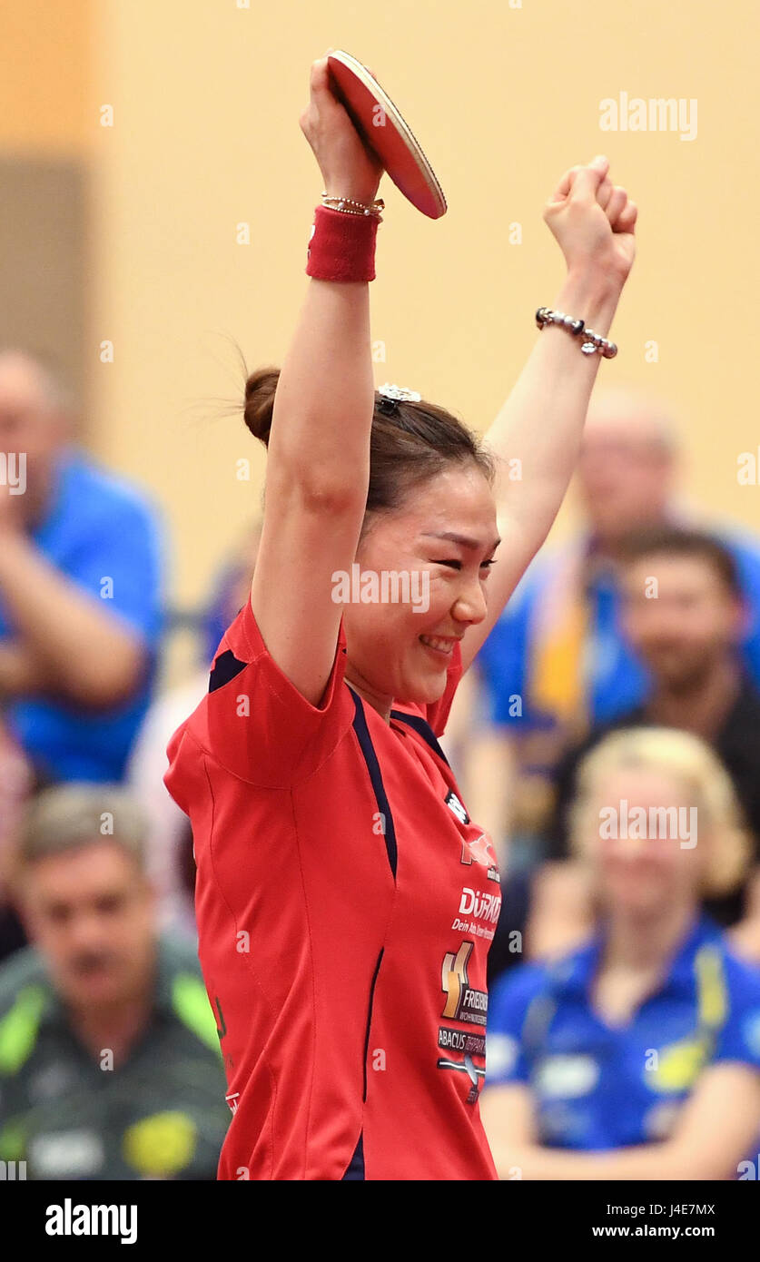 Berlin, Germany. 12th May, 2017. Xiaona Shan of TTC Berlin celebrates