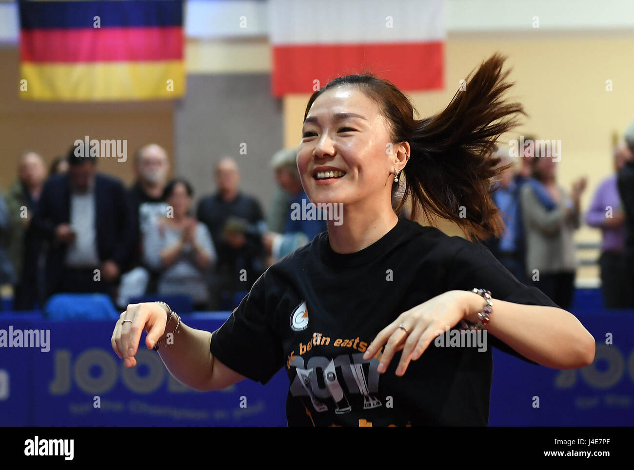 Xiaona Shan of TTC Berlin celebrates victory in the women's Champions