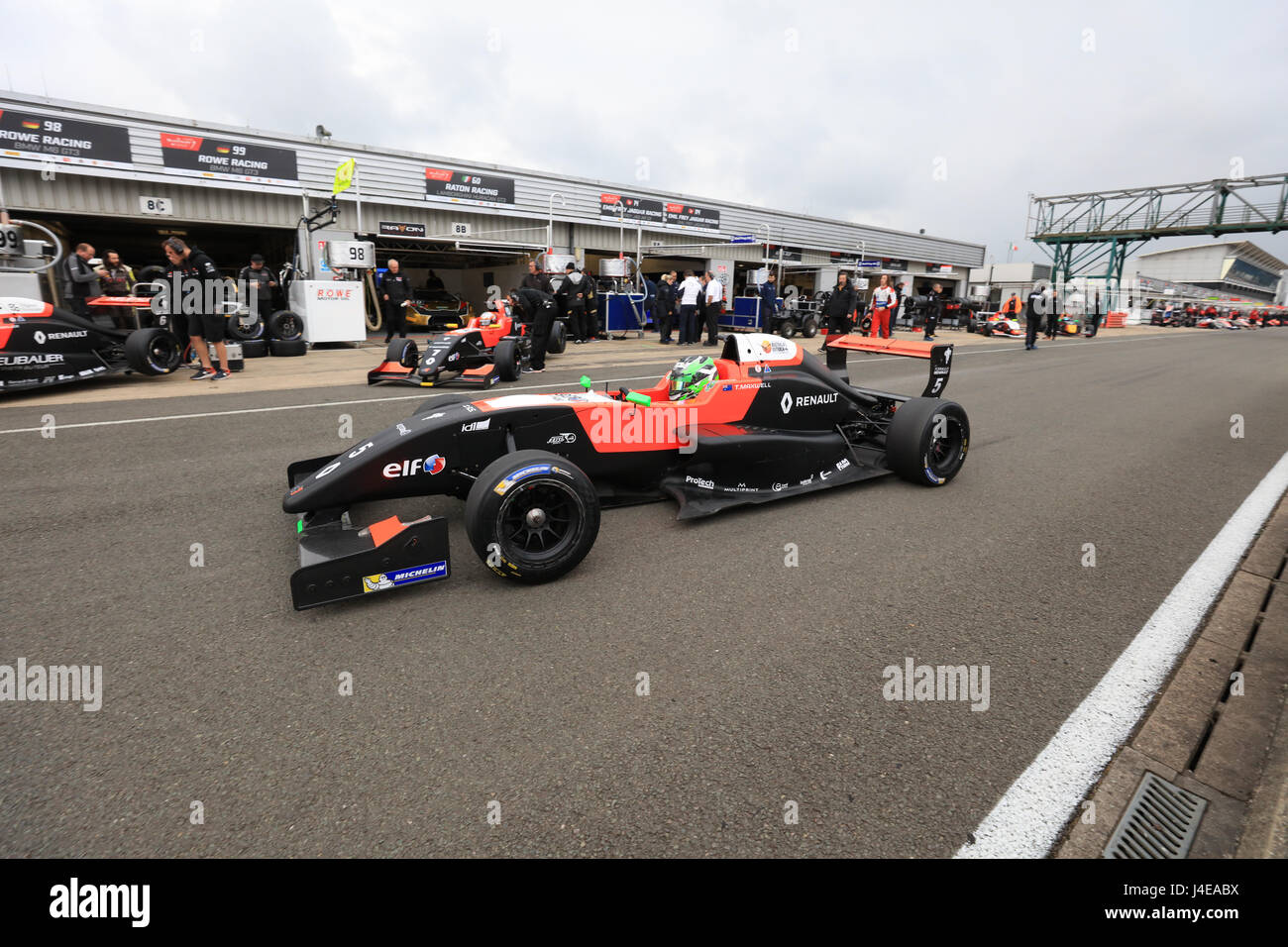 Silverstone, United Kingdom. 13th May, 2017. Silverstone, United Kingdom. 13th May, 2017. The number 5 car of Thomas Maxwell and Tech 1 Racing entering the pits for the Formula Renault 2.0 Eurocup at Silverstone Credit: Paren Raval/Alamy Live News Stock Photo