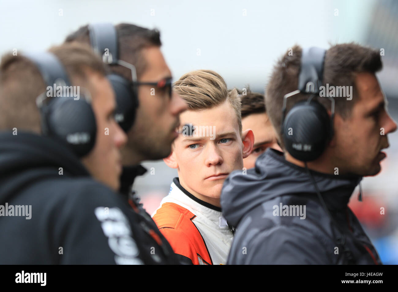 Silverstone, United Kingdom. 13th May, 2017. Thomas Maxwell with his Tech 1 Racing team in the pits at Silverstone for the Formula Renault 2.0 Eurocup Credit: Paren Raval/Alamy Live News Stock Photo