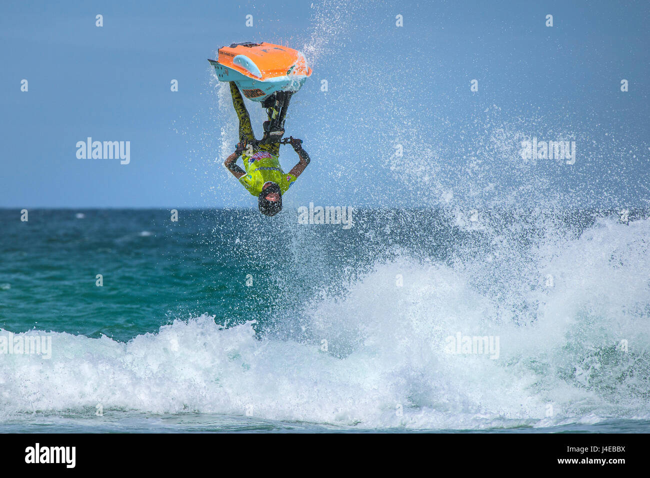 Fistral Beach; Newquay, Cornwall. 13th May, 2017. British jetski star Dan Foy defies gravity as he performs a stunning aerial display during the IFWA UK. European and IFWA World Championships taking place at Fistral Beach in Newquay, Cornwall.  Photographer: Gordon Scammell/Alamy Live News. Stock Photo