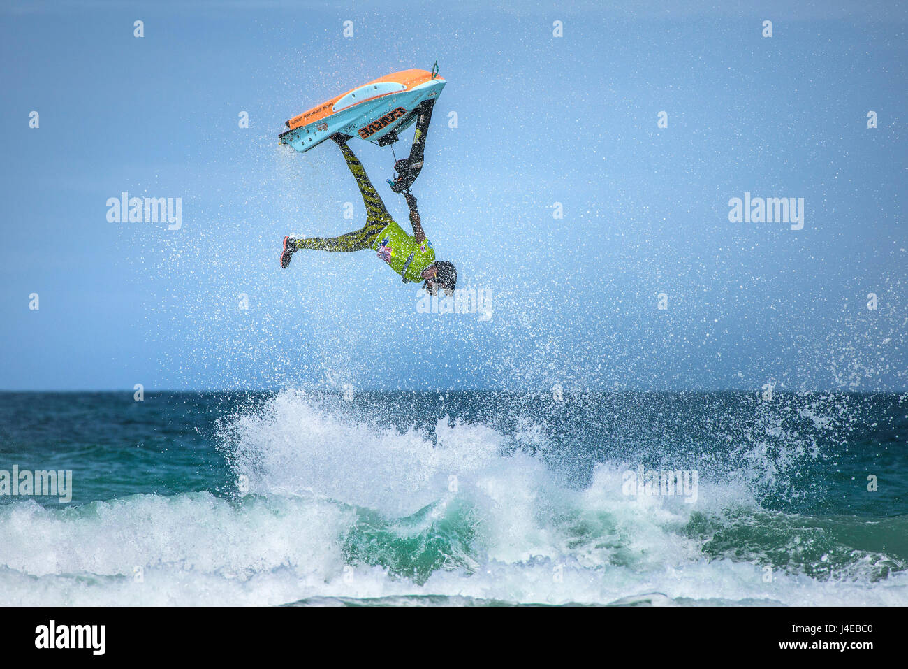 Fistral Beach; Newquay, Cornwall. 13th May, 2017. British jetski star Dan Foy performs an elegant gravity defying aerial display as he competes in the IFWA UK. European and IFWA World Championships taking place at Fistral Beach in Newquay, Cornwall.  Photographer: Gordon Scammell/Alamy Live News. Stock Photo