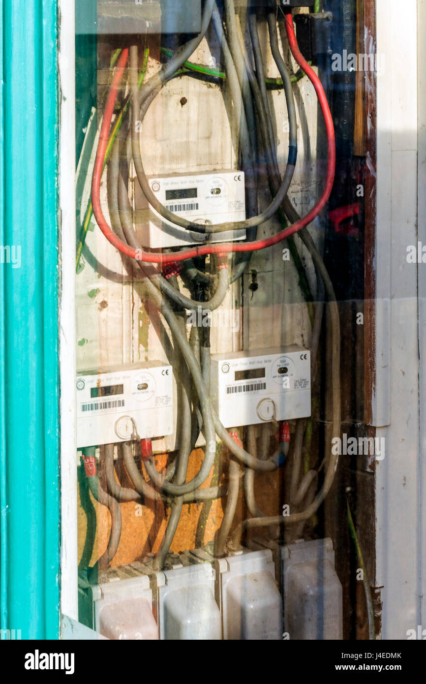 An electrical junction box with circuit breakers and fuses Stock Photo