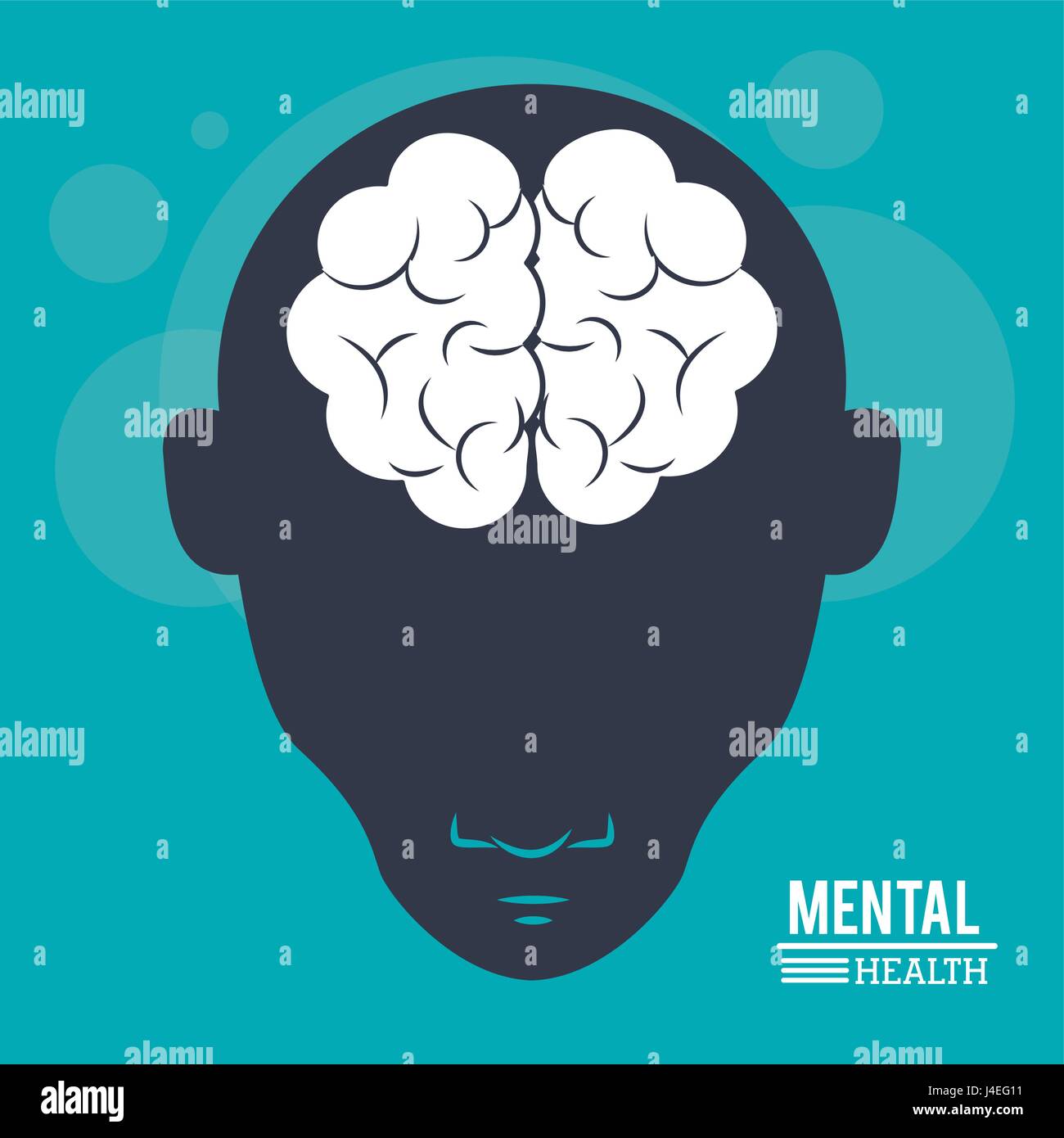 mental health, head human, silhouette face and brain in flat style