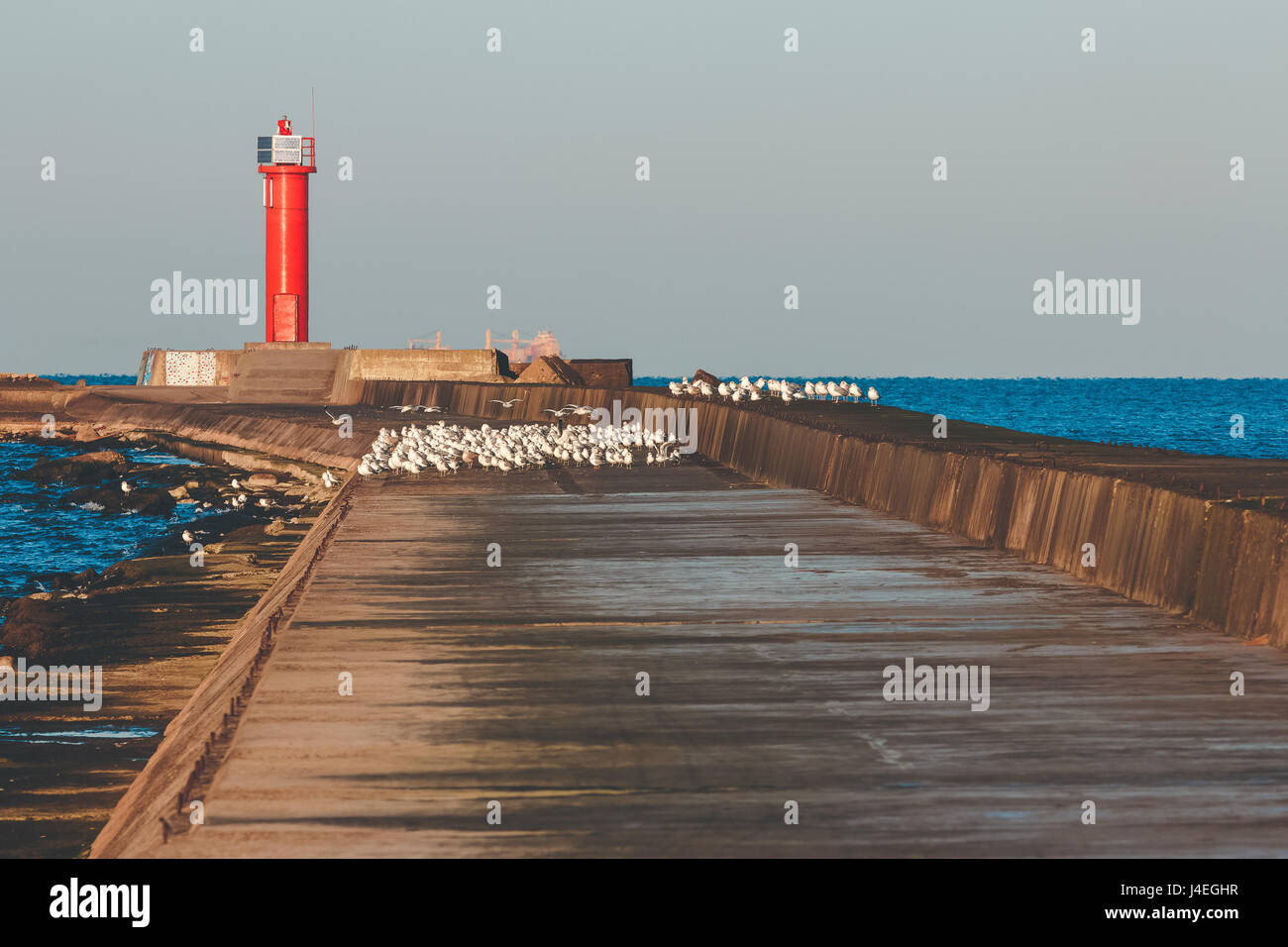 Red lighthouse on breakwater jetty at Baltic sea Stock Photo