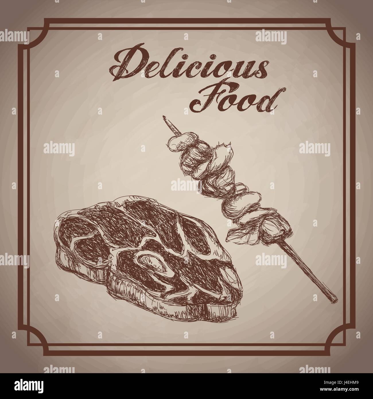 hand drawn steak skewer delicious food. sketch vintage Stock Vector ...