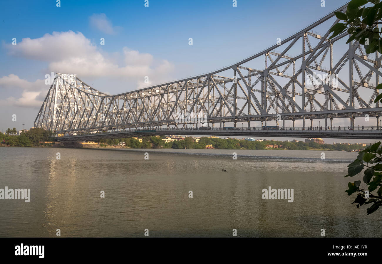 Howrah bridge on the river Hooghly at Kolkata - the historical bridge is the longest cantilever bridge in India. Stock Photo