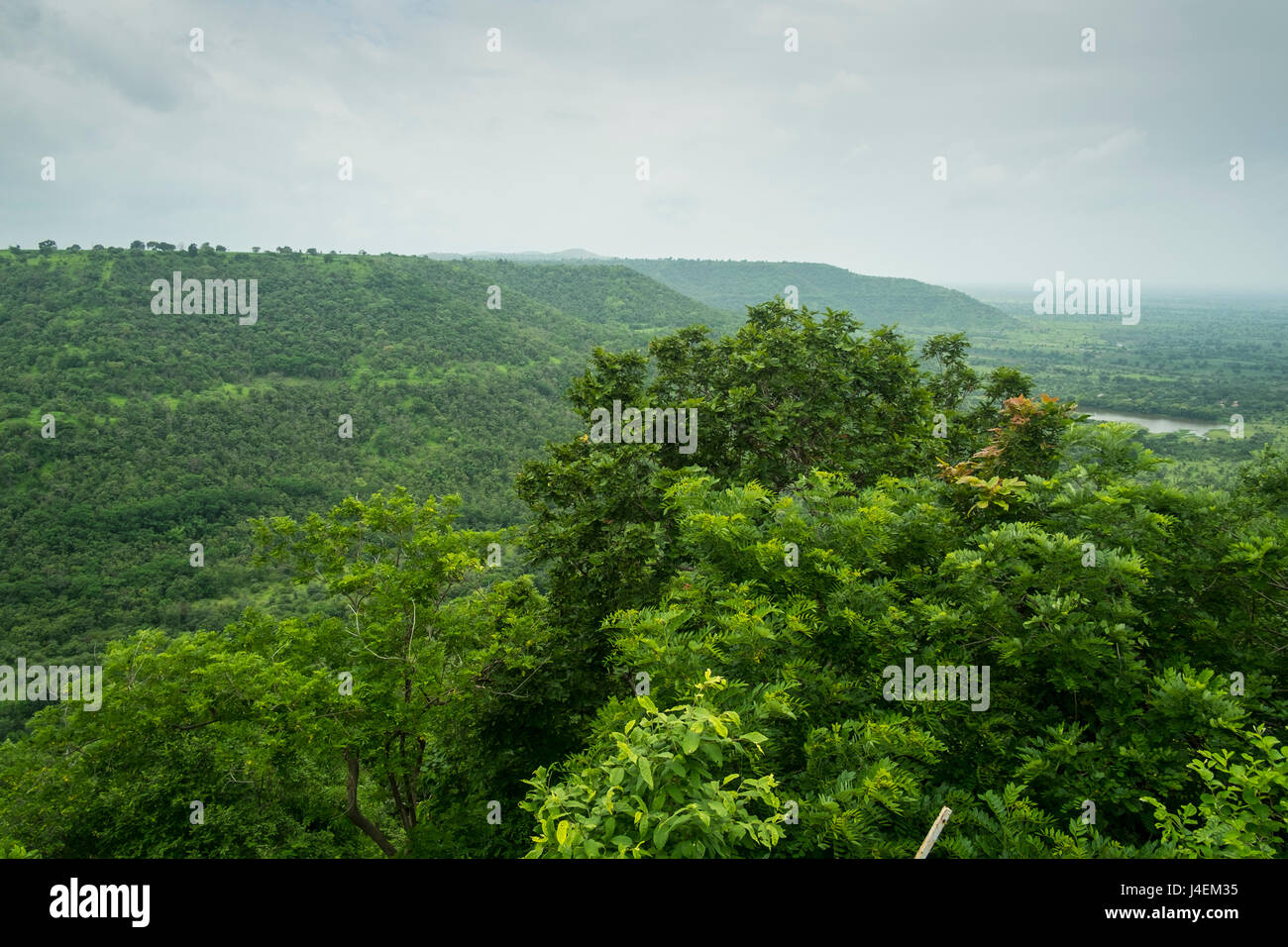 Sweeping forests surrounded the Ajanta Caves which are a UNESCO World Heritage Site. Stock Photo