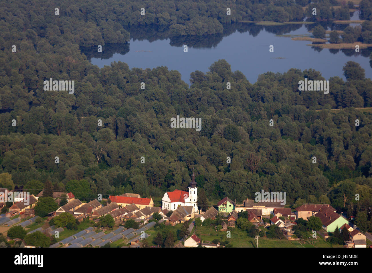 Aerial view of Kopacevo village near a wetland in Kopački rit, Croatia Stock Photo