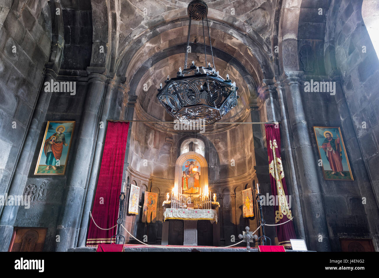 Main altar in the interior of the 4th century Geghard Monastery, UNESCO, Kotayk Province, Yerevan, Armenia, Caucasus Stock Photo