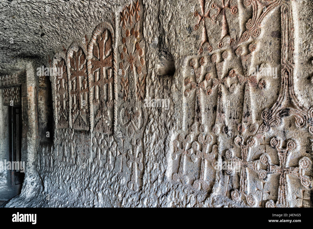 Bas-relief in interior of 4th century Geghard Monastery, UNESCO, Kotayk Province, Yerevan, Armenia, Caucasus Stock Photo