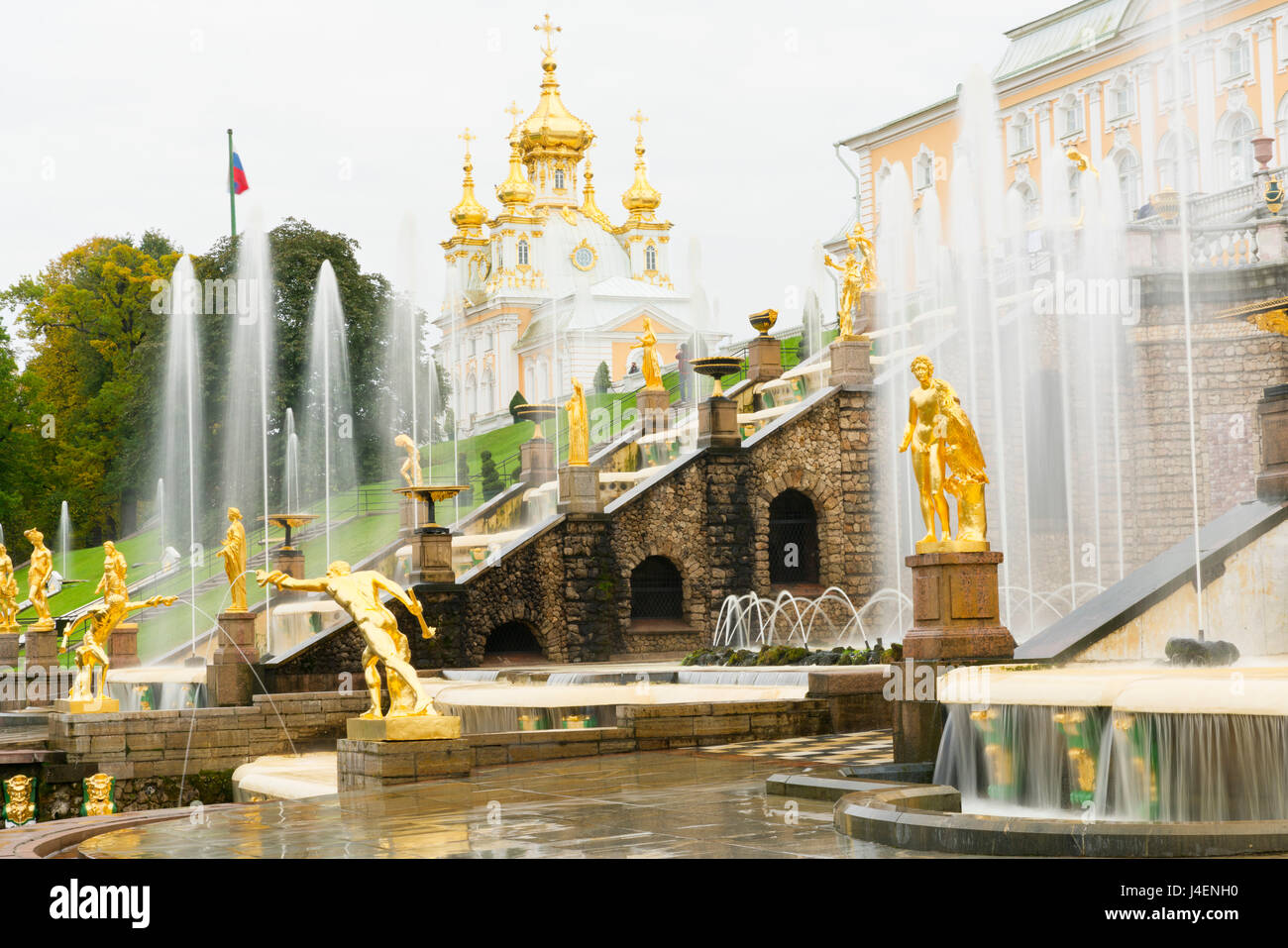 The Grand Cascade in front of the Grand Palace, Peterhof, UNESCO World Heritage Site, near St. Petersburg, Russia, Europe Stock Photo
