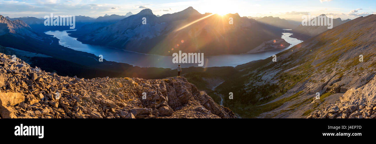 Epic panorama view of Spray Lakes at sunset from mountain peak, Alberta, Canada, North America Stock Photo