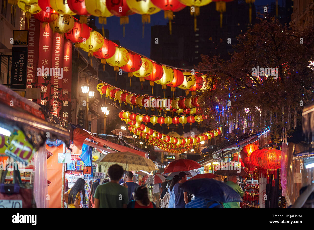 Lanterns illuminate New Bridge Road, Chinatown, Singapore, Southeast Asia, Asia Stock Photo