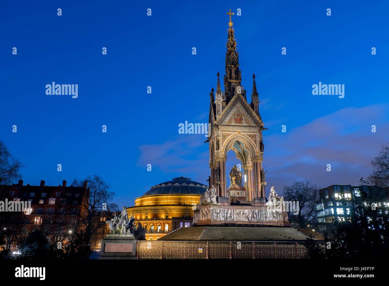 Albert Memorial and Albert Hall at dusk, Kensington, London, England, United Kingdom, Europe Stock Photo