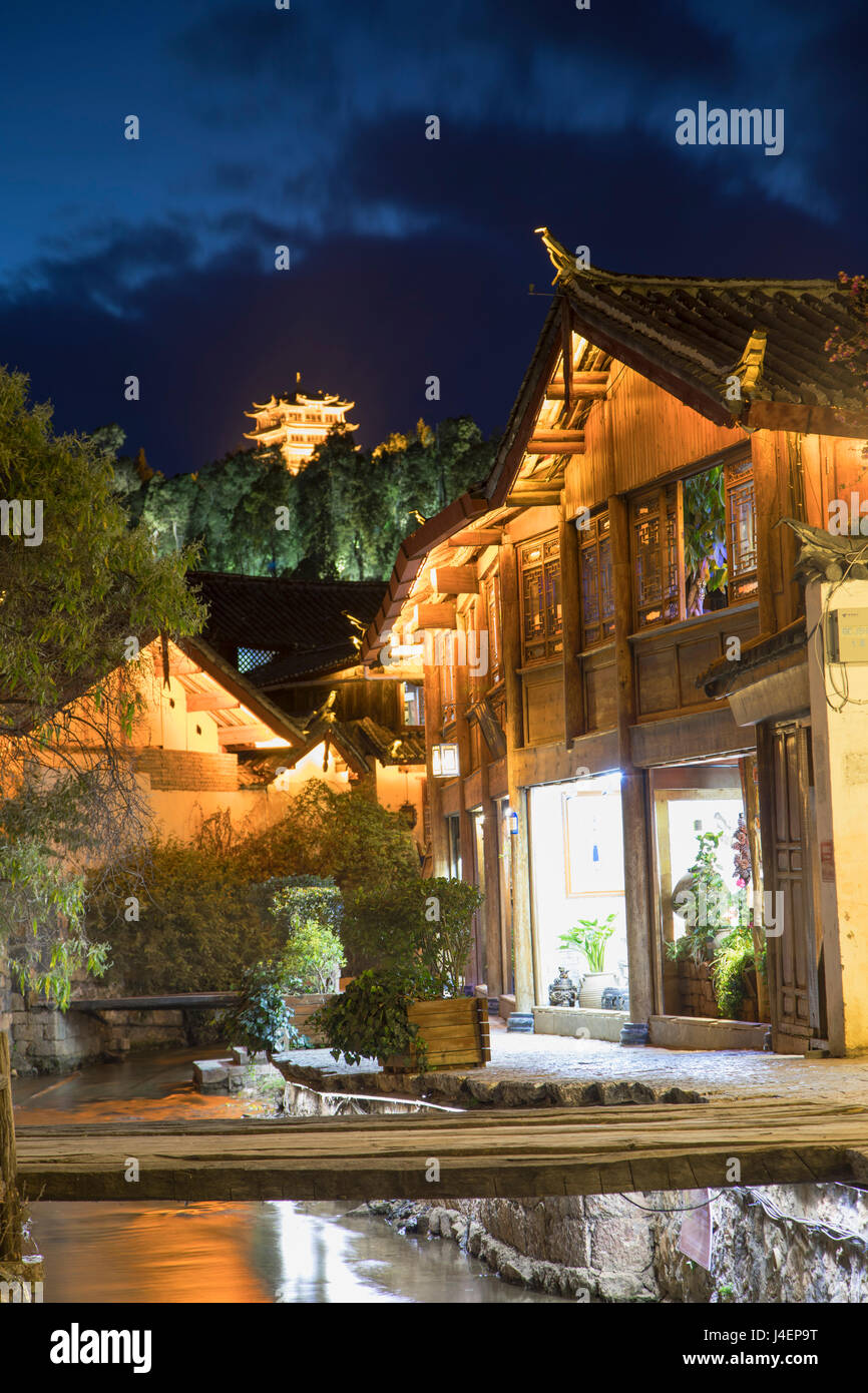 Canalside buildings at dusk, Lijiang, UNESCO World Heritage Site, Yunnan, China, Asia Stock Photo