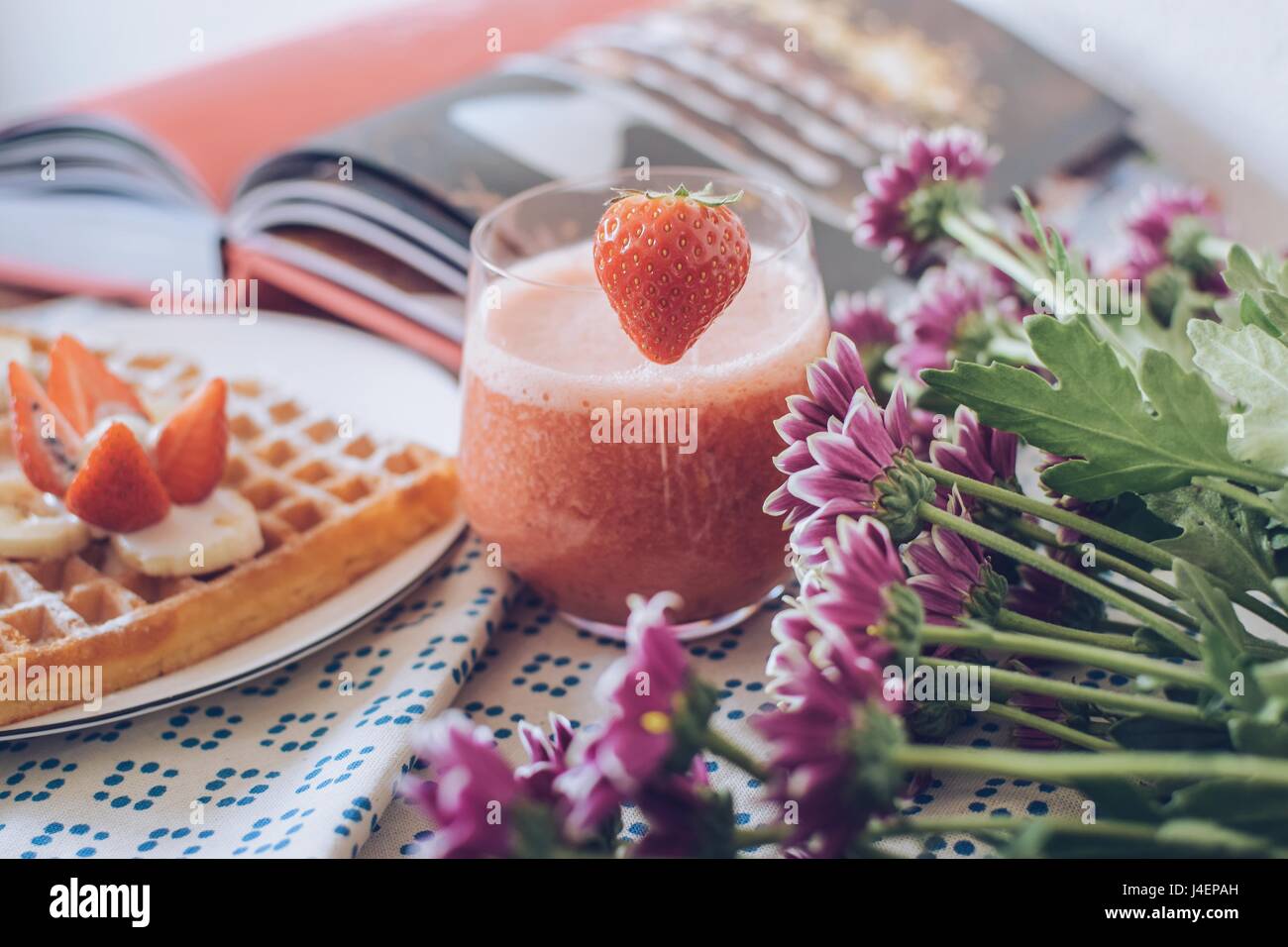 Breakfast variations. Waffles with strawberry smoothie Stock Photo Alamy
